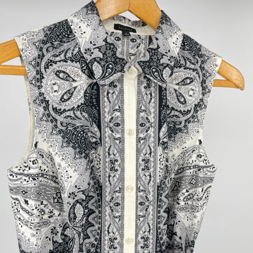 Talbots PR Sample Shirt Dress 4 (Fits 6) Black White Paisley Cotton Sleeveless - Picture 3 of 10
